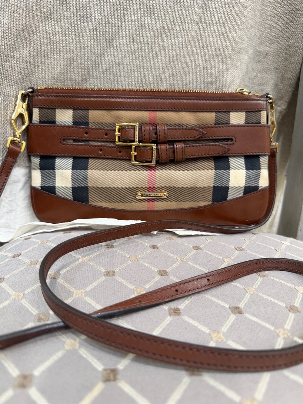 Burberry Tan and Brown Check Crossbody with Leather Trim